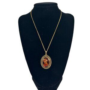 Gold Tone Chain Necklace Oval Pour Painted Pendant Ornate Unique